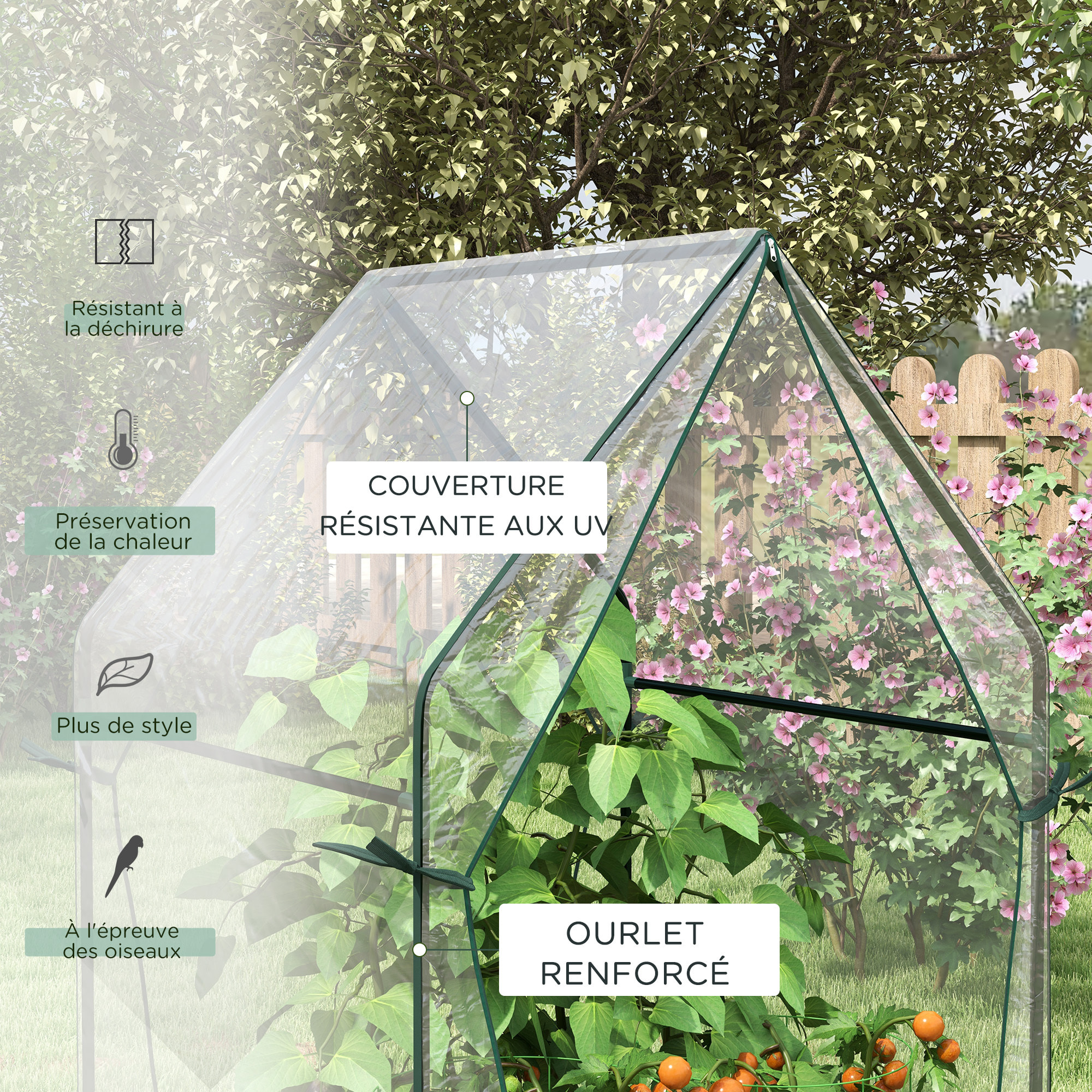 Serre de jardin balcon terrasse serre pour tomates 0,9L x 0,9l x 1,45H m double porte acier PVC transparent vert