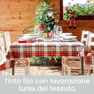Runner natalizio rettangolare in cotone tartan con lurex, elegante decorazione per tavola delle feste, design scozzese raffinato e luminoso, resistente e pratico, facile da lavare, ideale per pranzi e cene natalizie, Made in Italy
