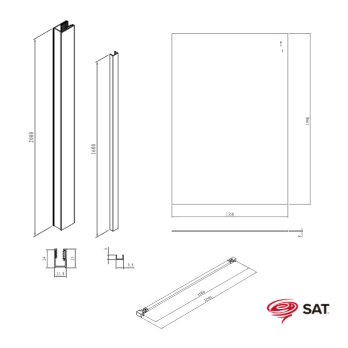 Walk-in 140x200cm Paroi en verre Crystal Glass® 8 mm anticalcaire, avec bras et profilés or (SATBWI140PRZ)