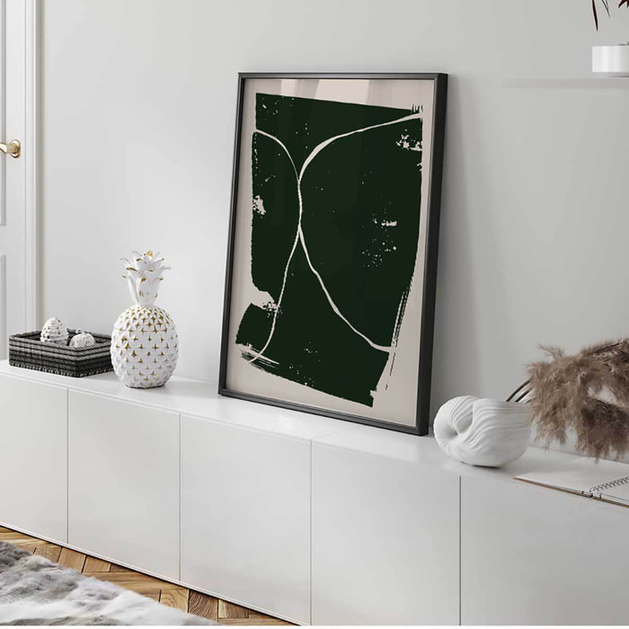 Affiche abstraite vert foncé lignes organiques minimalistes Affiche + cadre en métal - Noir