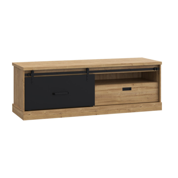 Meuble TV en bois effet chêne & noir L163cm - FACTORY