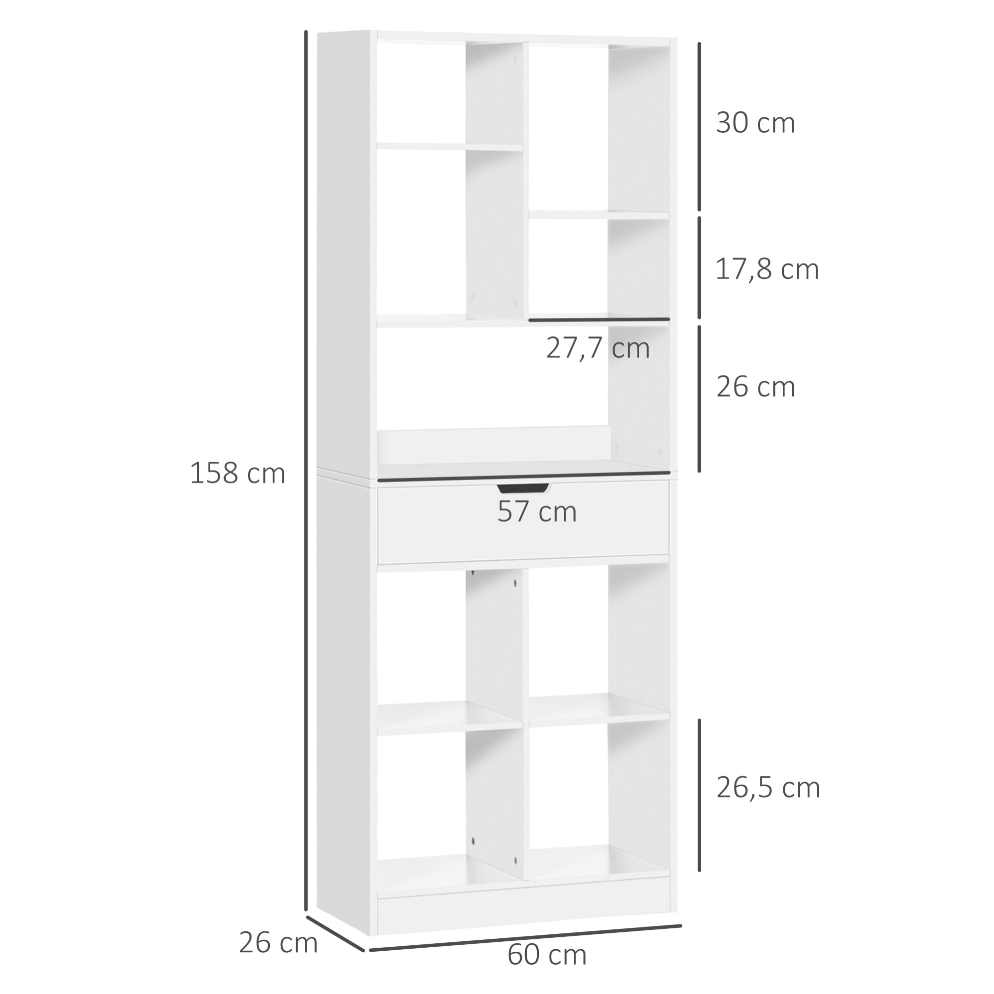 Bibliothèque étagère - tiroir, étagère, 8 compartiments - dim. 60 x 26 x 158 cm - blanc
