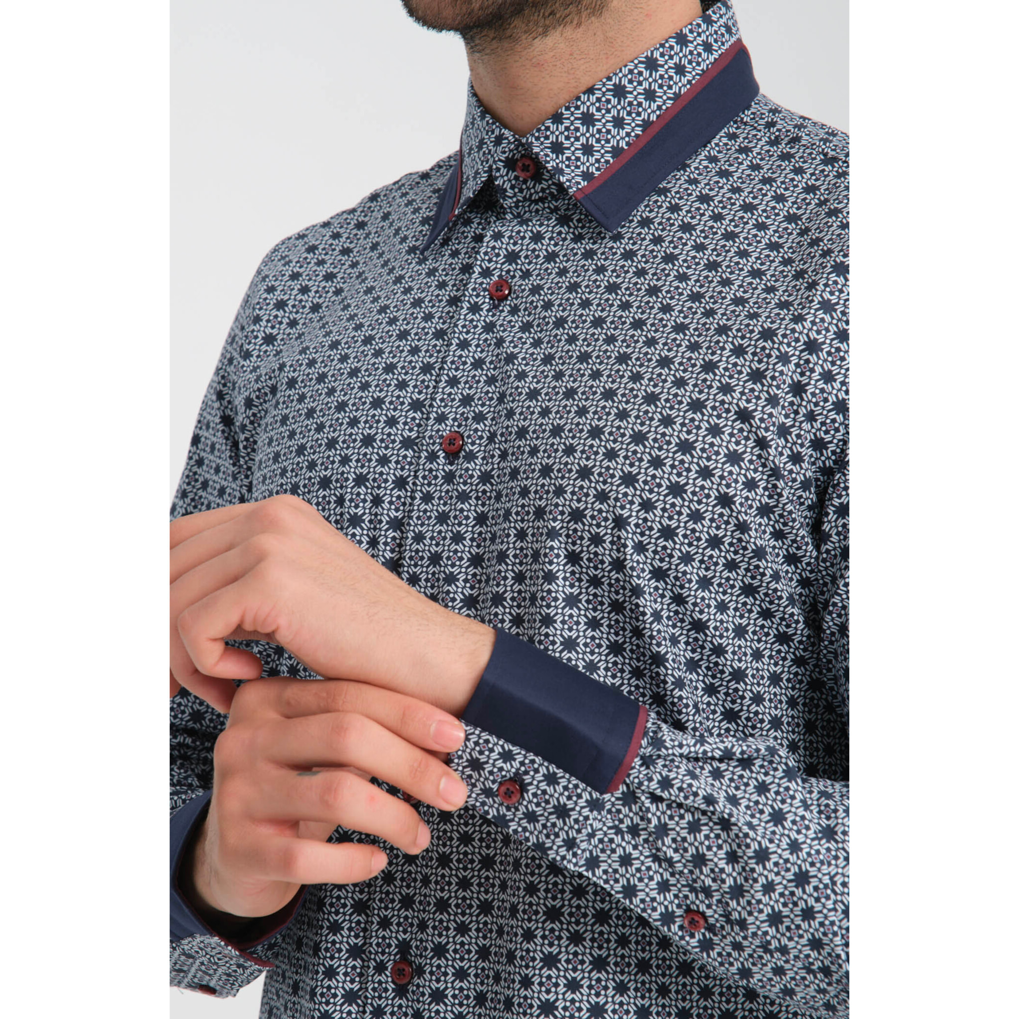 Camicia Uomo Italiano Slim Popeline Stretch Stampato Blu\Bianco