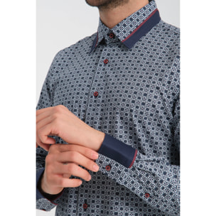 Camicia Uomo Italiano Slim Popeline Stretch Stampato Blu\Bianco