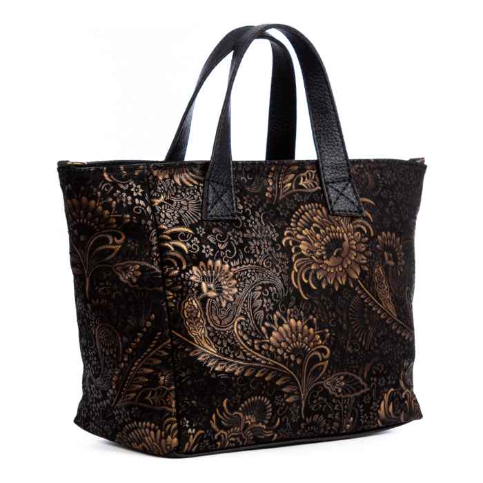 Cassandra borsa tote donna. Pelle autentica Camoscio stampa arabesca.