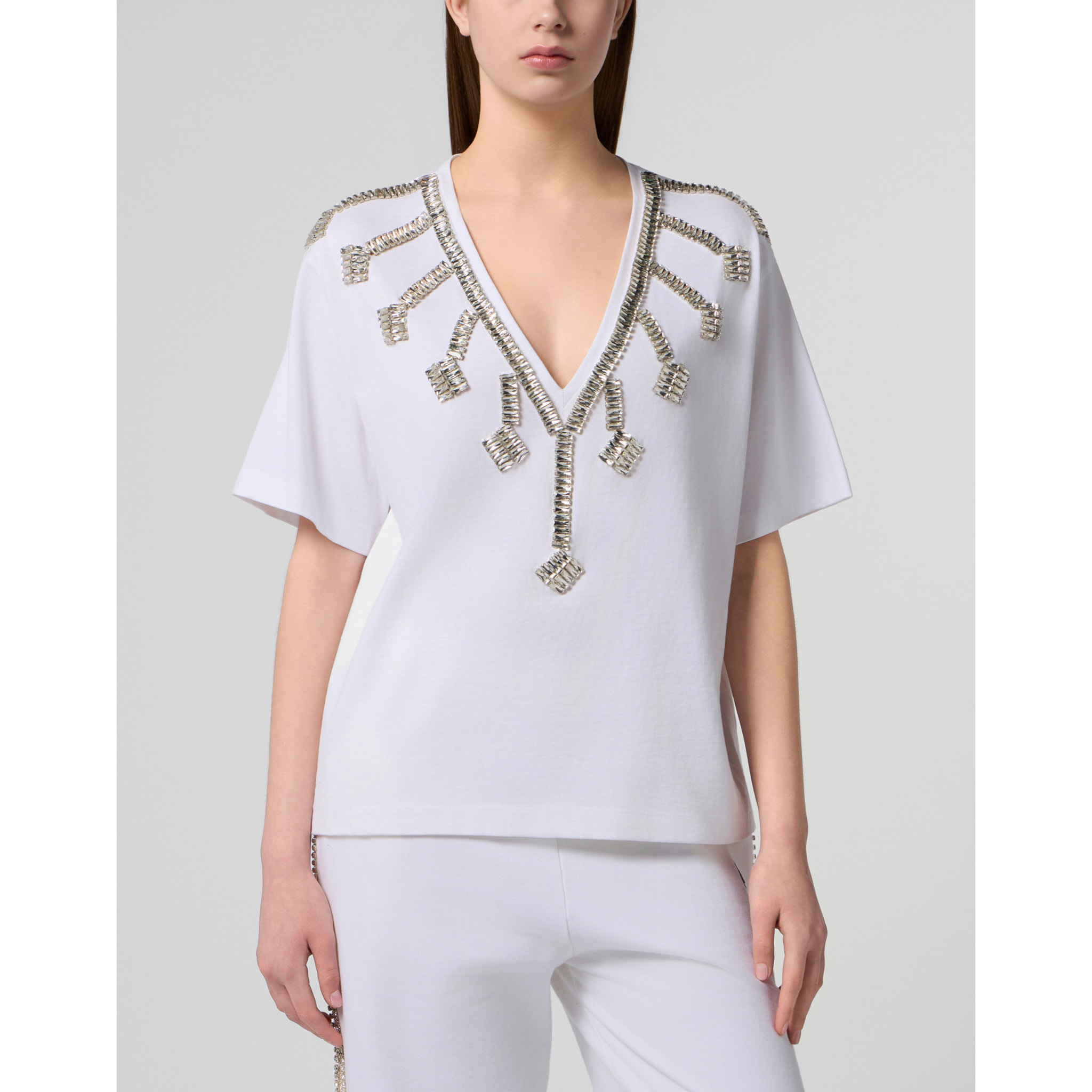 PHILIPP PLEIN V-Neck T-Shirt Crystal Fringes