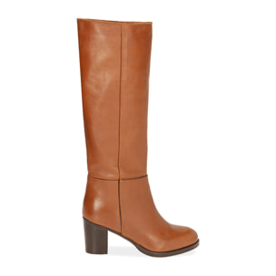 Stivali cognac in pelle, tacco 7 cm