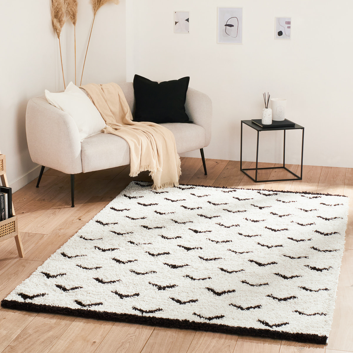 Terra - tapis shaggy de salon en laine artificielle crème, café latte