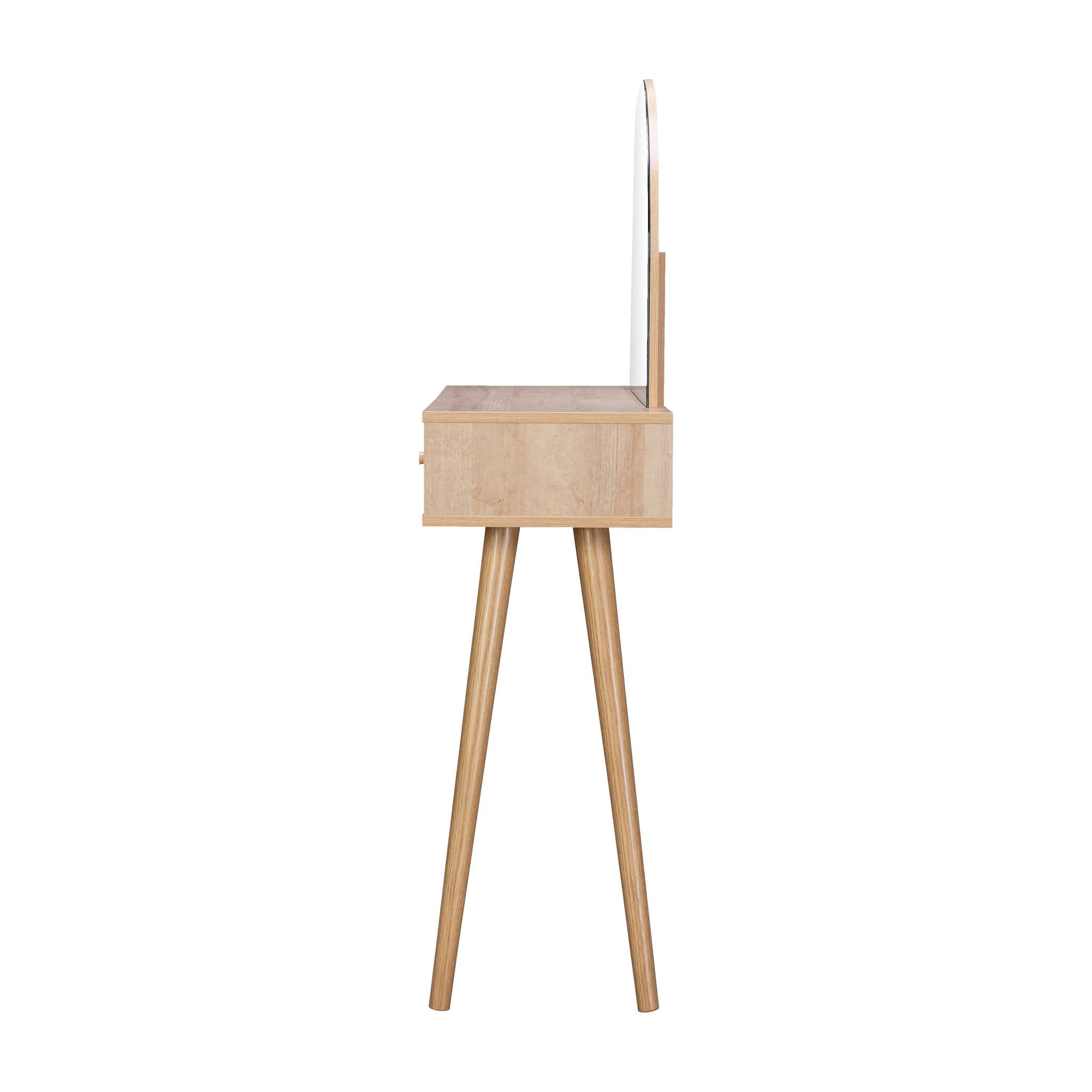 Coiffeuse Bohème avec miroir arrondi et 2 tiroirs cannage. coloris naturel. style Scandinave. L 90 x P 35 x H 135.5 cm