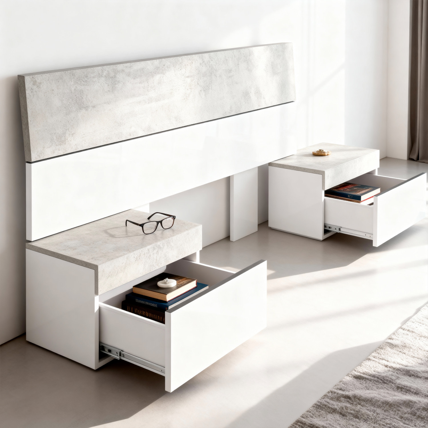 Testiera Letto Matrimoniale Con 2 Comodini Da 1 Cassetto E Guide Metalliche Design Moderno Minimal 276 x 94 x 40 Cm Colore Bianco E Grigio Cemento