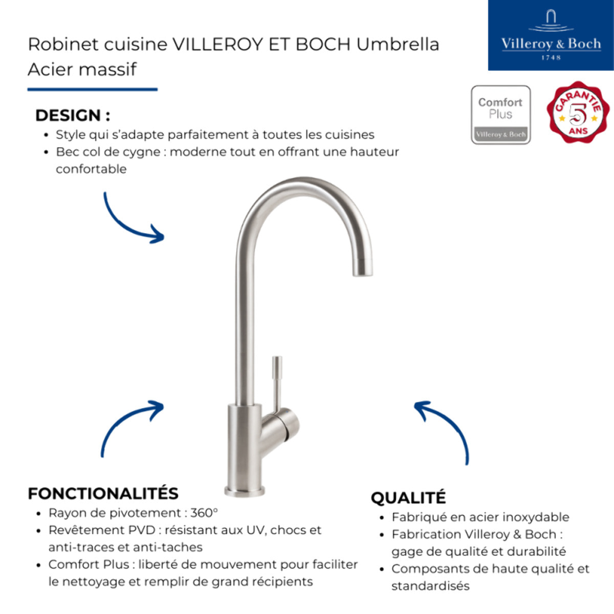 Robinet cuisine Umbrella acier massif
