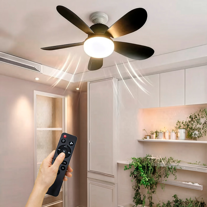 Ventilador de techo FS-5YHX-R520 de 52 cm. Adaptador E27, 3 velocidades y luz LED regulable de 16 W. Incluye mando a distancia.
