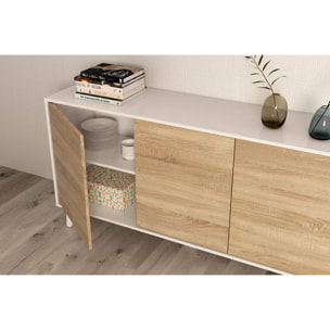 Credenza Arvada, Madia moderna a 3 ante e ripiani, Buffet da cucina, Buffet di design da soggiorno, cm 154x40h75, Bianco lucido e Bianco