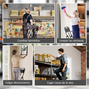 Escalera Plegable de 4 Peldaños con Bolsa de Herramientas, Escalera de Tijera, Carga 150 kg, con Peldaños Anchos Antideslizantes, Bloqueo de Seguridad, Apoyabrazos, Negro