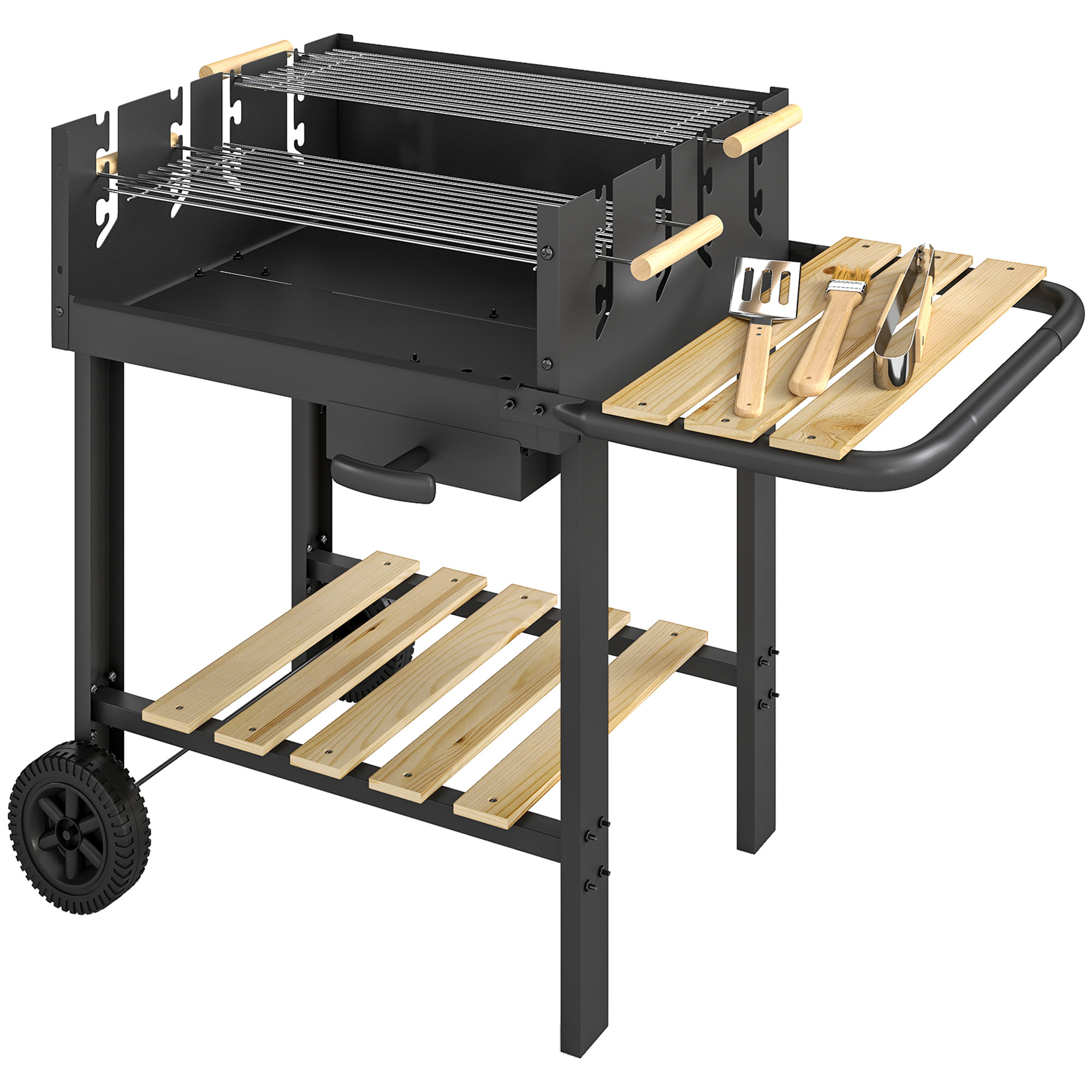 Barbecue charbon 2 grilles réglables 2 étagères roues