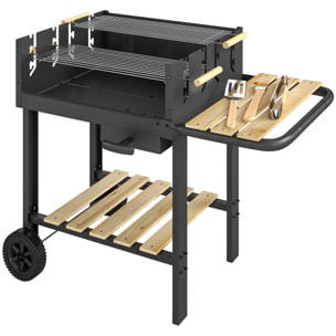 Barbecue charbon 2 grilles réglables 2 étagères roues