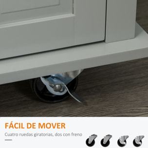 Isla de Cocina con Ruedas Carro de Cocina con 2 Cajones 4 Puertas Especiero Encimera de Madera y Barra Lateral para Comedor 111x44,5x82,5 cm Gris