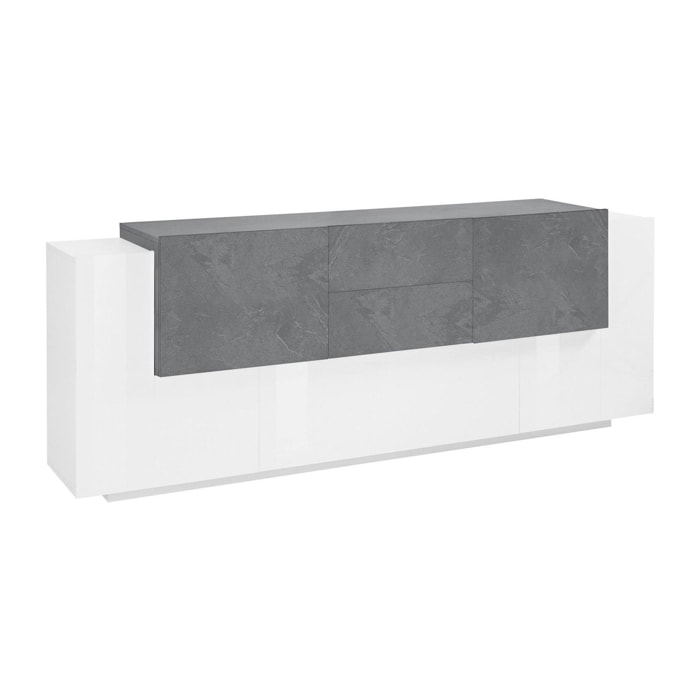 Credenza moderna a 5 ante e 2 cassetti, Made in Italy, Madia da cucina, Buffet di design da soggiorno, cm 220x45h86, colore Bianco lucido e Grigio Ardesia