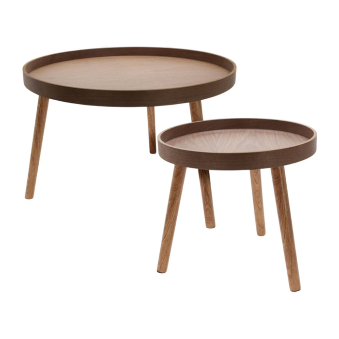 Set de 2 mesas auxiliares redondas de tres patas en nogal oscuro 60cm y 38cm