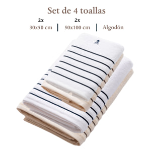 Set de 4 toallas: 2 de invitados (50x30) y 2 de lavabo (100x50) 100% algodón, 470 gsm, juego en blanco y en beige con raya marrón scalpers home