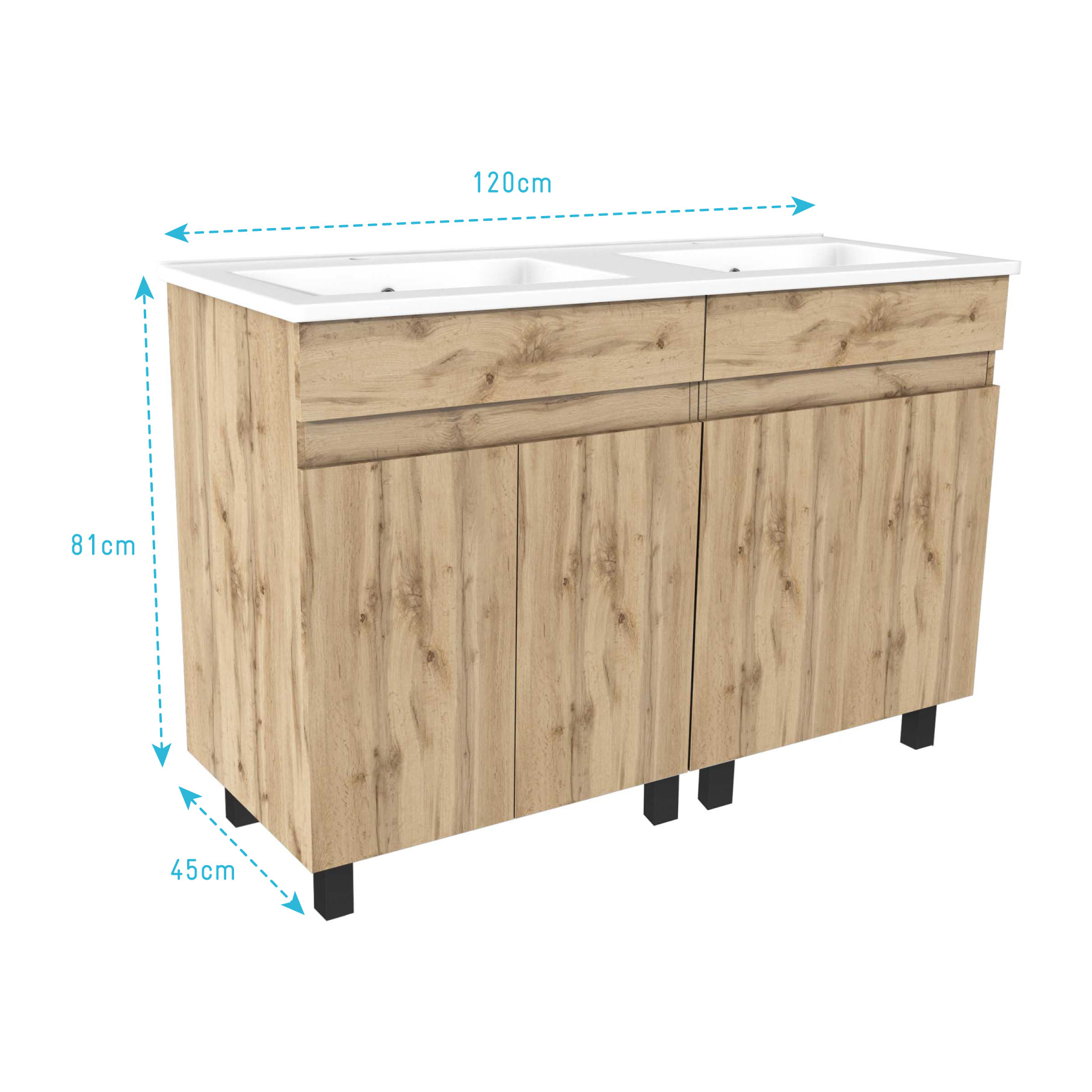 Meuble de salle de bains 120cm 4 Portes_Chêne Naturel + Vasque céramique blanche - TIMBER 120