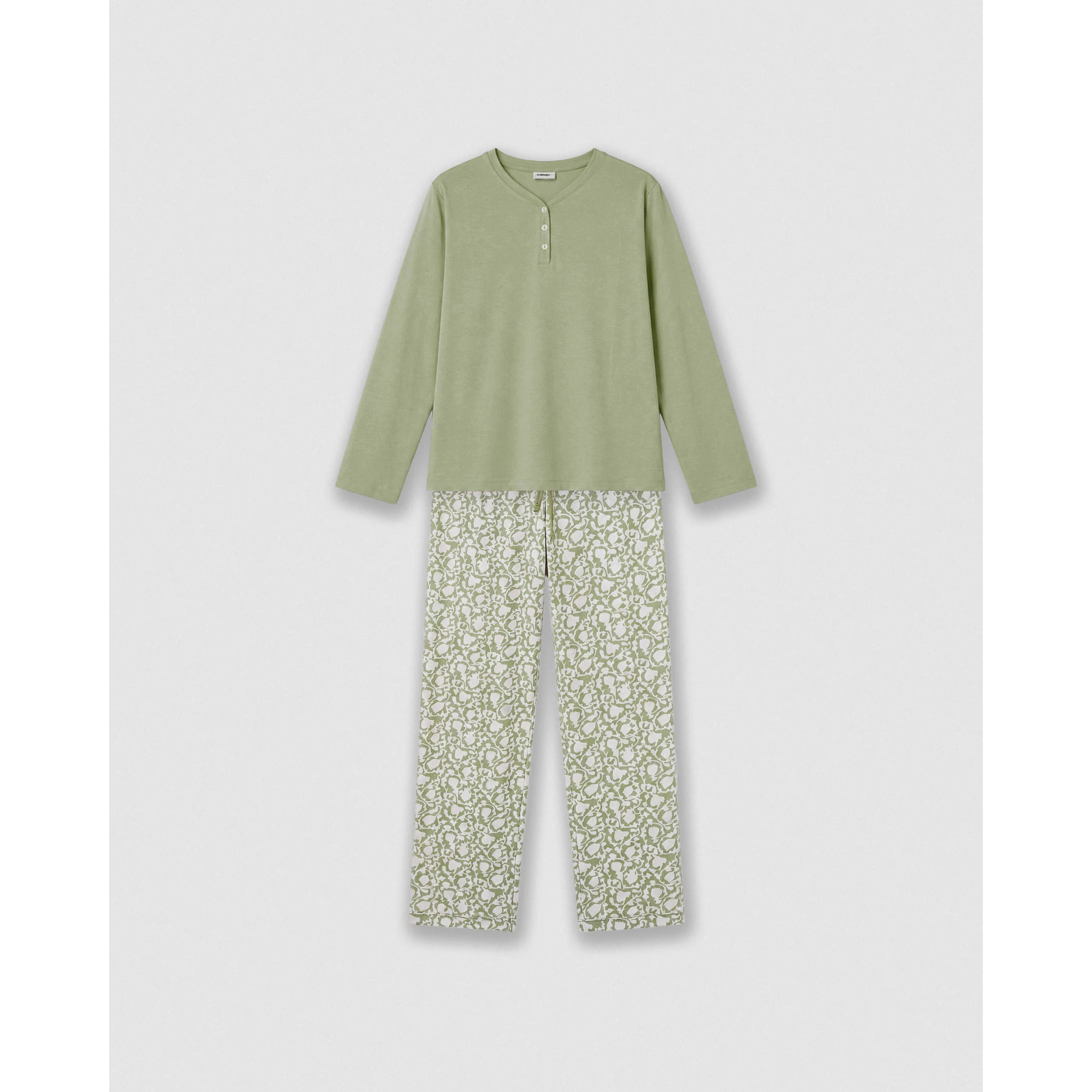 Pigiama lungo in cotone verde telma con scollo a v