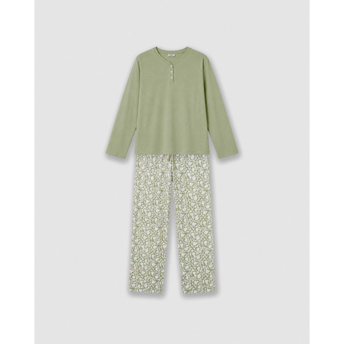 Pigiama lungo in cotone verde telma con scollo a v