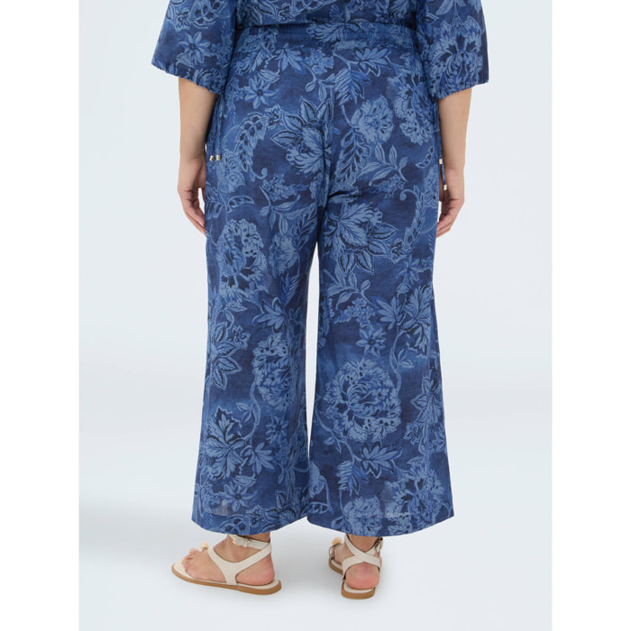 Fiorella Rubino - Pantaloni cropped in chambray con stampa - Blu