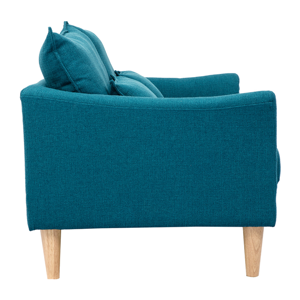 Canapé scandinave 2 places en tissu bleu canard et bois clair KATE