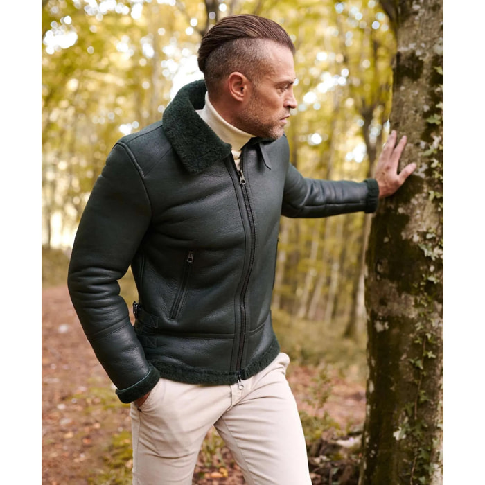 Montone Shearling verde biker uomo collo camicia con fibbia