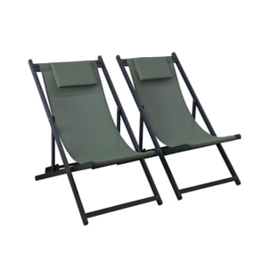 Lot de 2 bains de soleil kaki - Transat en aluminium avec coussin repose tête. chilienne