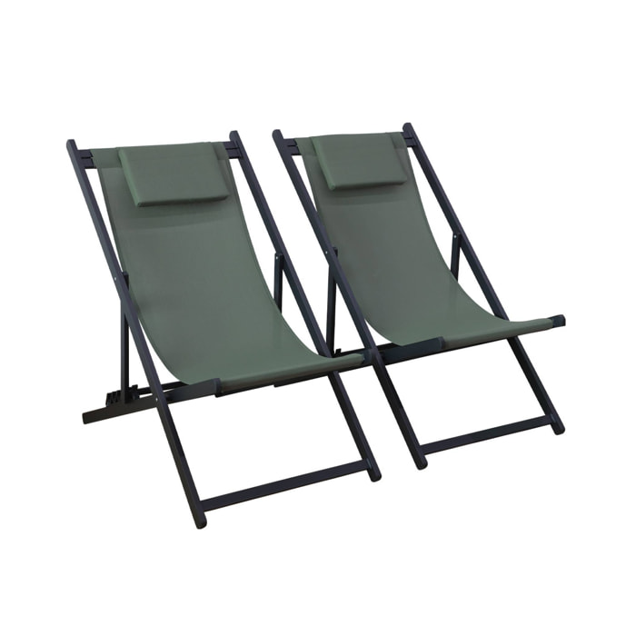 Lot de 2 bains de soleil kaki - Transat en aluminium avec coussin repose tête. chilienne