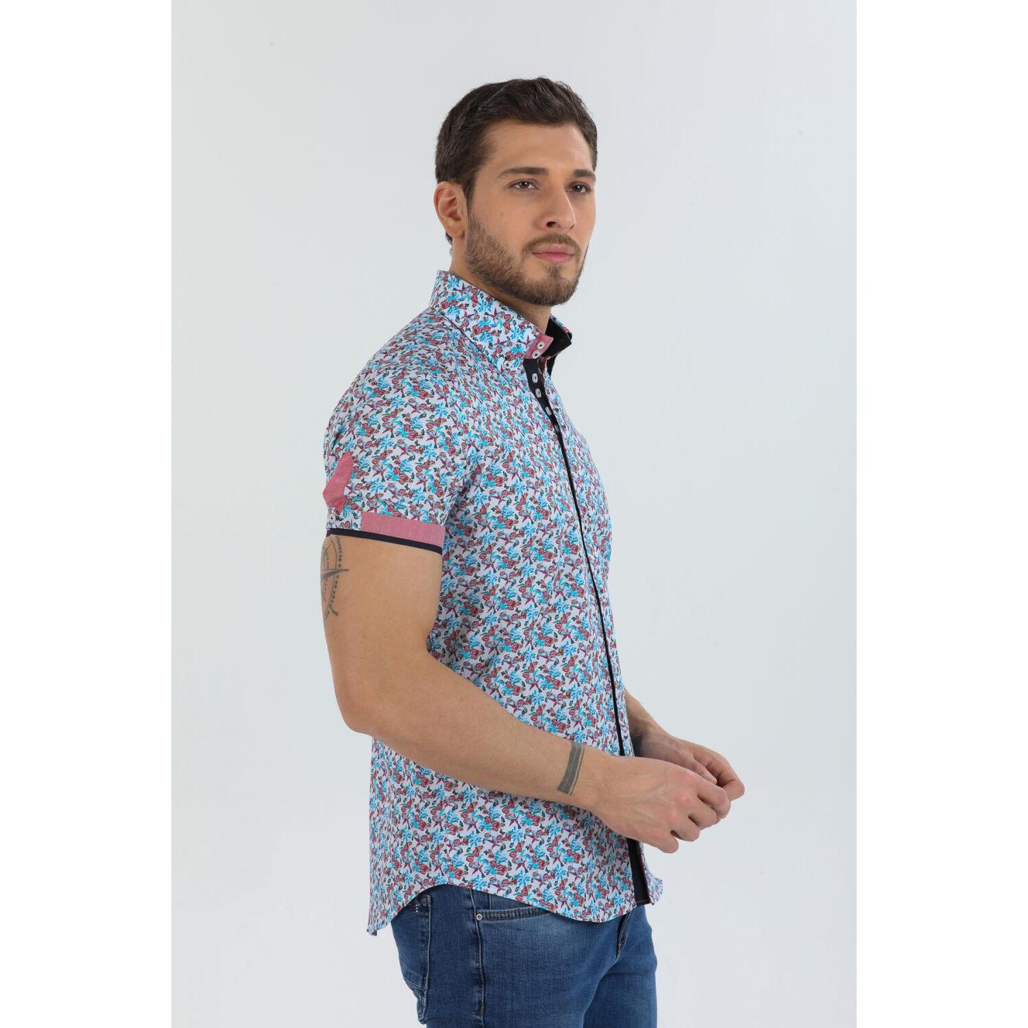 Camicia Uomo Manica Corta 2 Bottoni Button Down 7 Botto Popeline Stampato Celeste e Rosso