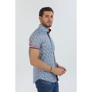 Camicia Uomo Manica Corta 2 Bottoni Button Down 7 Botto Popeline Stampato Celeste e Rosso
