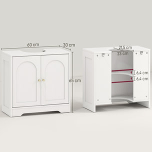 Mueble bajo Lavabo Mueble de Baño con 2 Puertas con Diseño de Arco Estante Ajustable Tiradores Dorados para Lavabo con o sin Pedestal 60x30x65 cm Blanco