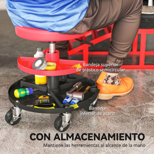 Taburete de Taller Giratorio con Ruedas Altura Ajustable de 40-51 cm Asiento Taburete para Mecánico con 2 Bandejas para Herramientas Carga 135 kg para Garaje Reparación de Automóviles Rojo