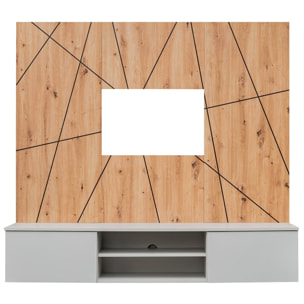 Parete Attrezzata Moderna Per Tv Con Pannello Design Geometrico 2 Ante Ribalta  E 1 Vano A Giorno Mobile 160 x 35 x 148 Cm Grigio E Rovere