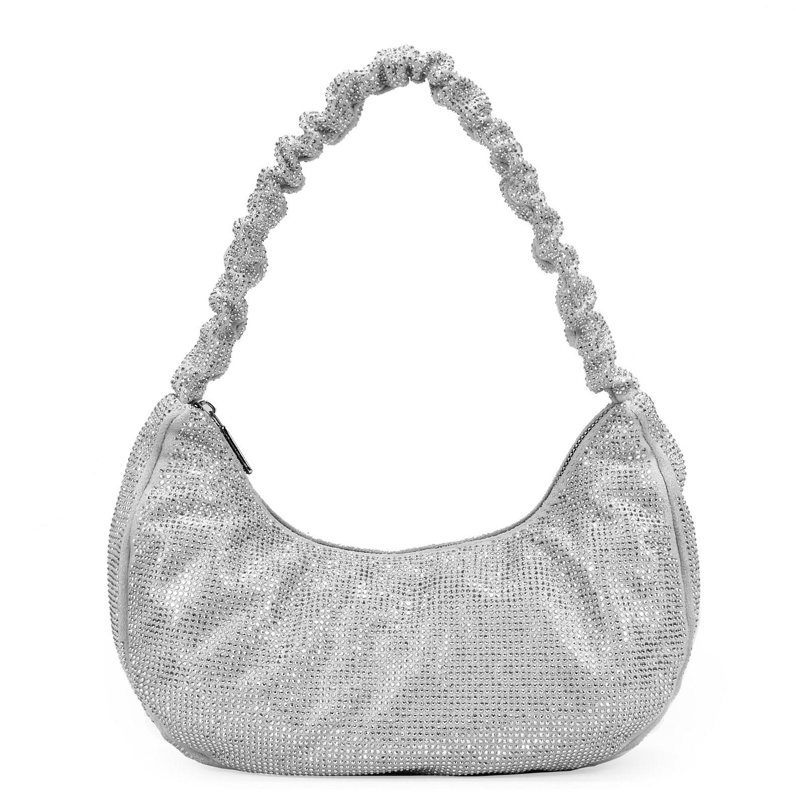 Bolso de hombro plateado con brillantes y asa con pliegues