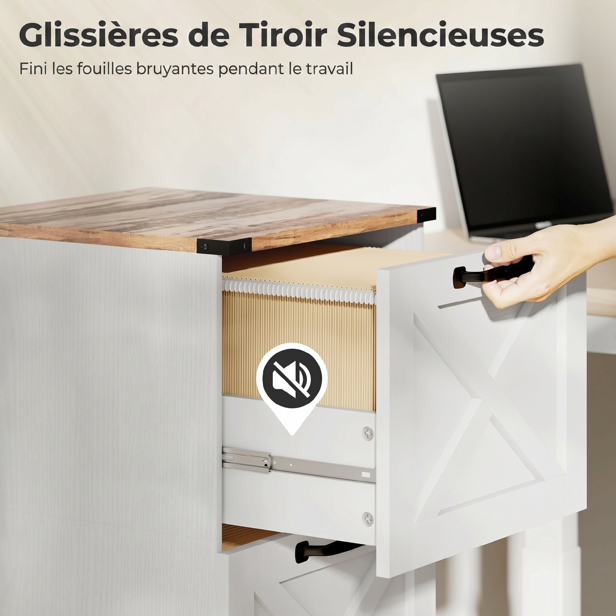 Caisson de bureau 3 tiroirs design campagne chic effet bois métal blanc
