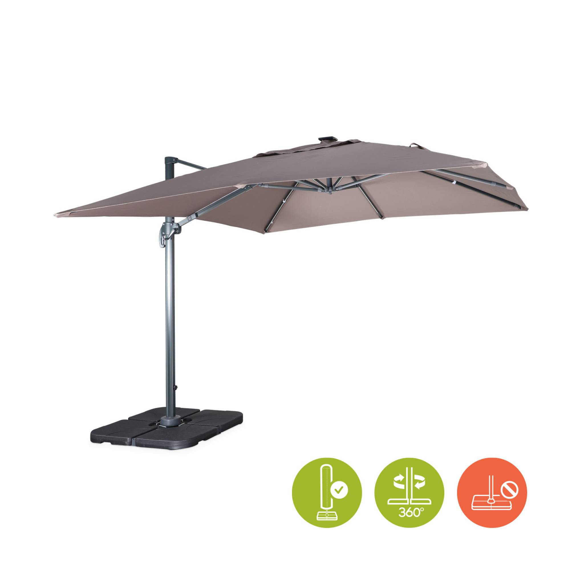 Parasol déporté solaire LED 3x3m Luce taupe avec lumière intégrée + housse