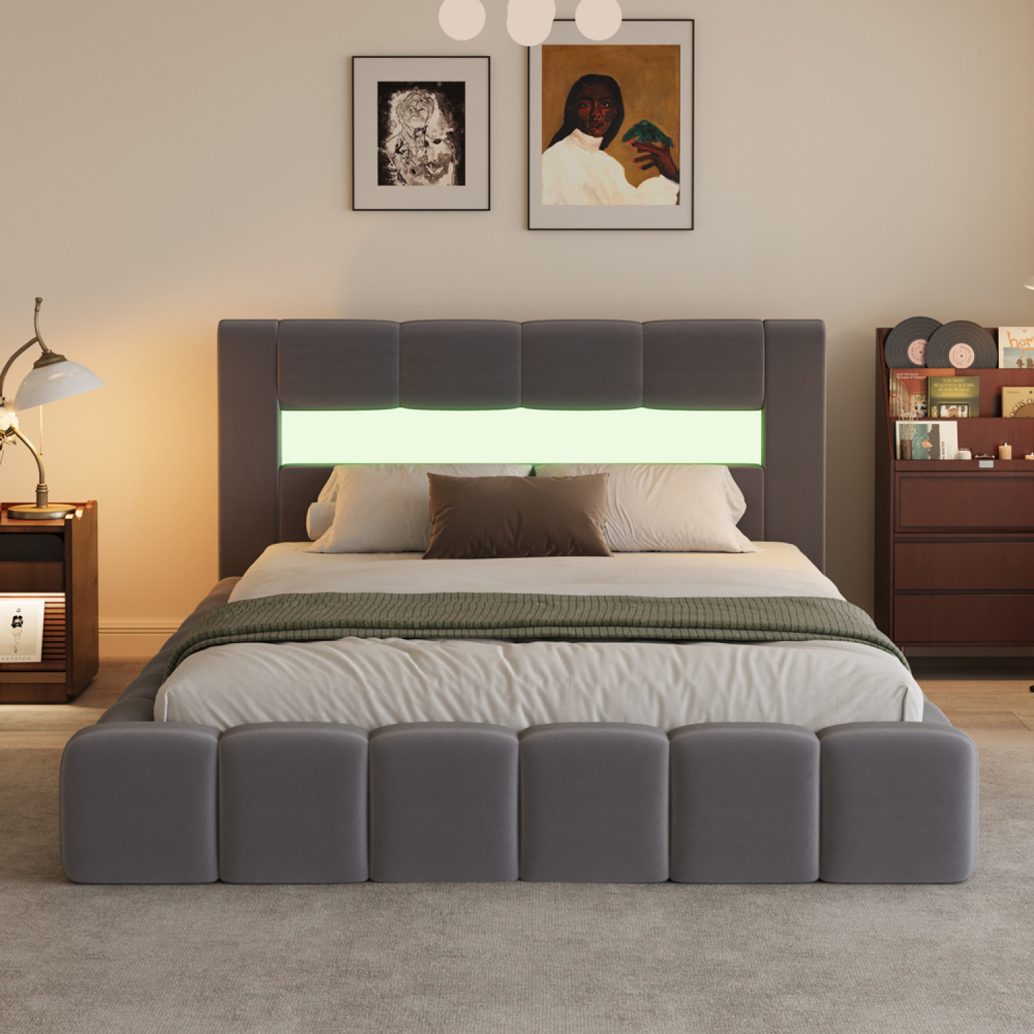 MAKILA Lit nuage coffre LED 140x190cm velours gris avec tête de lit et sommier
