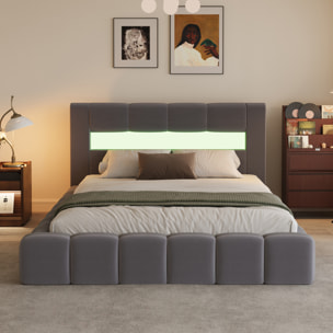 MAKILA Lit nuage coffre LED 140x190cm velours gris avec tête de lit et sommier