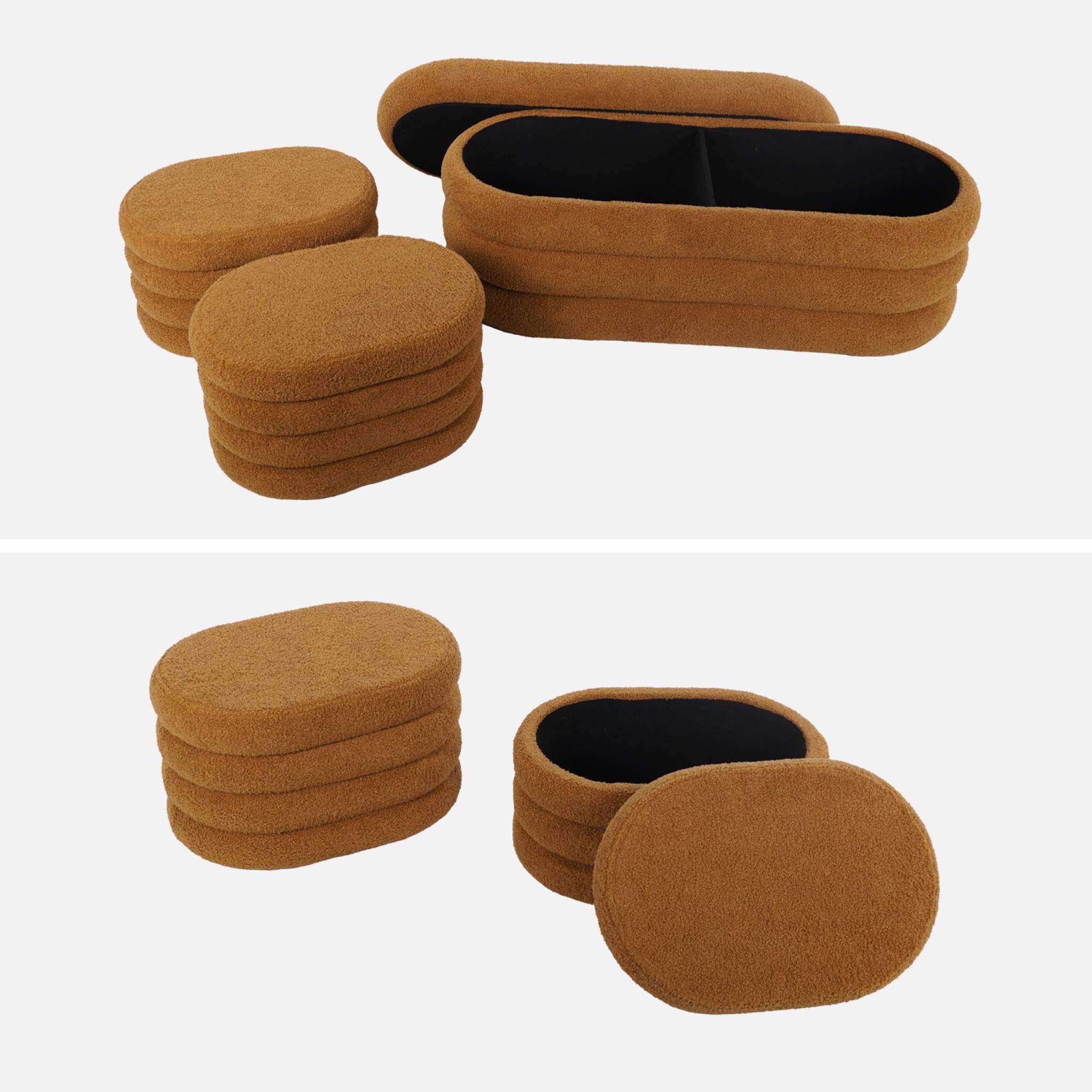 Banc coffre en bouclettes rouille avec 2 poufs ovales de rangement intégrés - L111cm