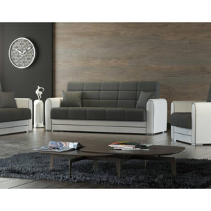 Divano letto Luis, Divano letto contenitore a 3 posti in ecopelle e tessuto, Sofà da soggiorno in tessuto imbottito con apertura click-clack, 220x84h91 cm, Bianco e Grigio Scuro