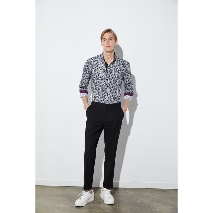 Camicia Uomo 1 Bottoni Button Down Slim Popeline Stampato Nero/Bianco
