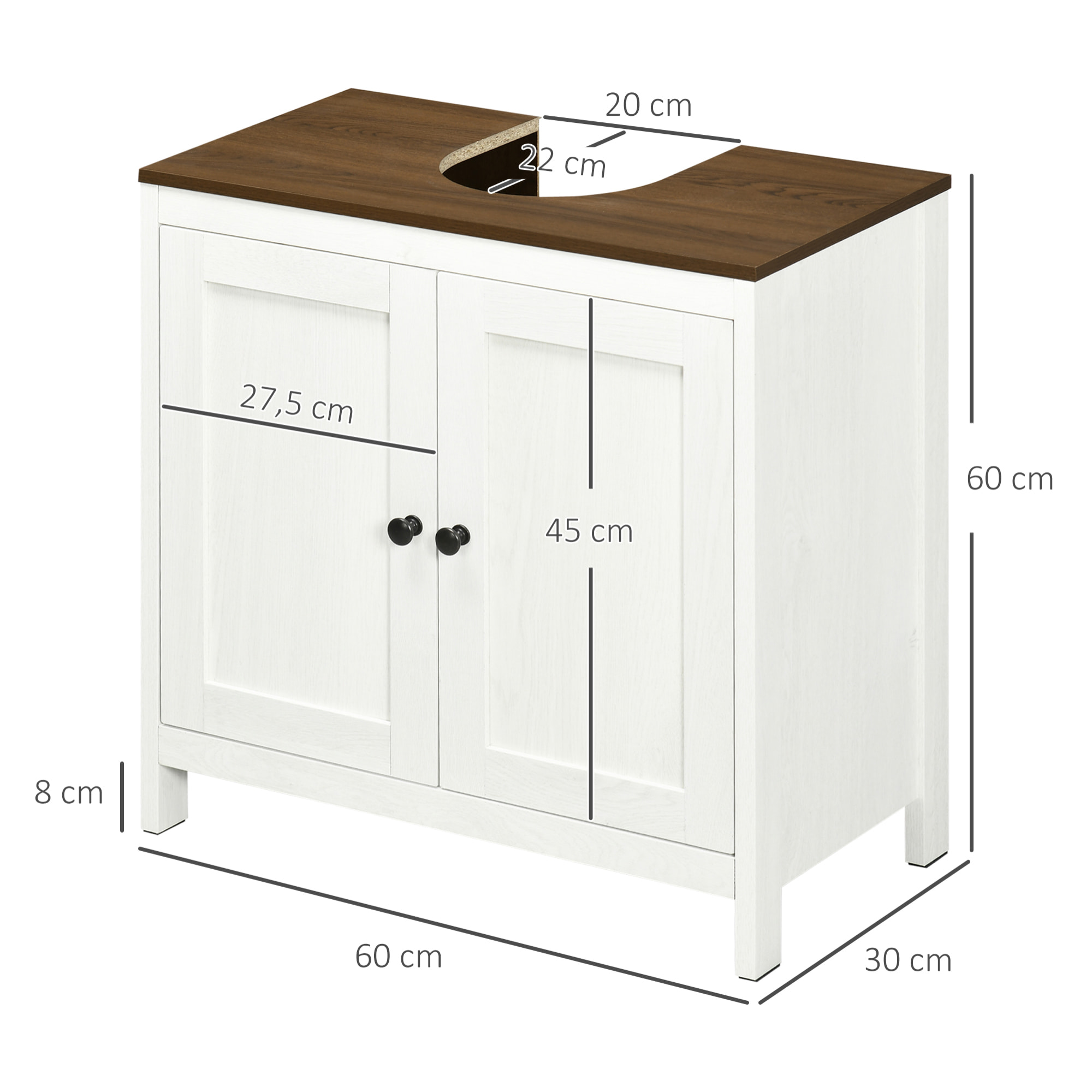 kleankin Mueble para Debajo del Lavabo Armario Bajo Lavabo de Madera con 2 Puertas y Estante Ajustable Armario de Baño de Suelo Moderno 60x30x60 cm Blanco