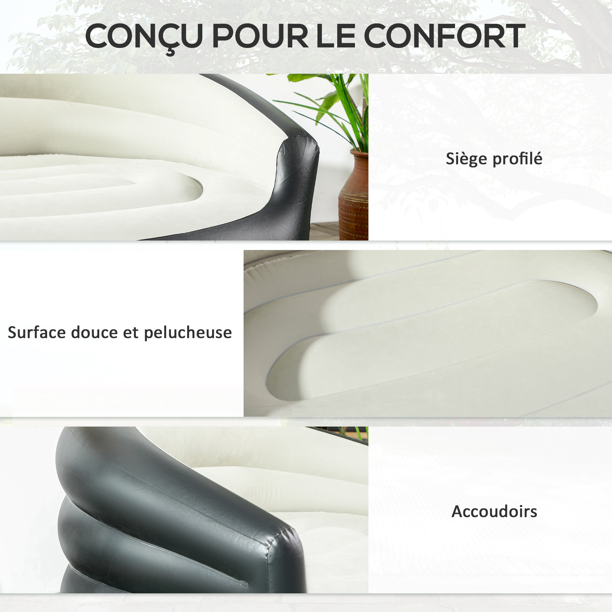 Canapé gonflable pour l'extérieur 2 places canapé d'air dim. 138L x 87l x 71H cm gris noir