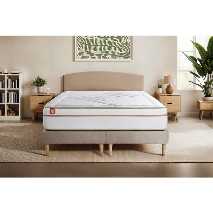 Ensemble Matelas Le Paisible - 24cm - Mémoire de forme - Matériaux éco-responsable - Sommier Tapissier Beige