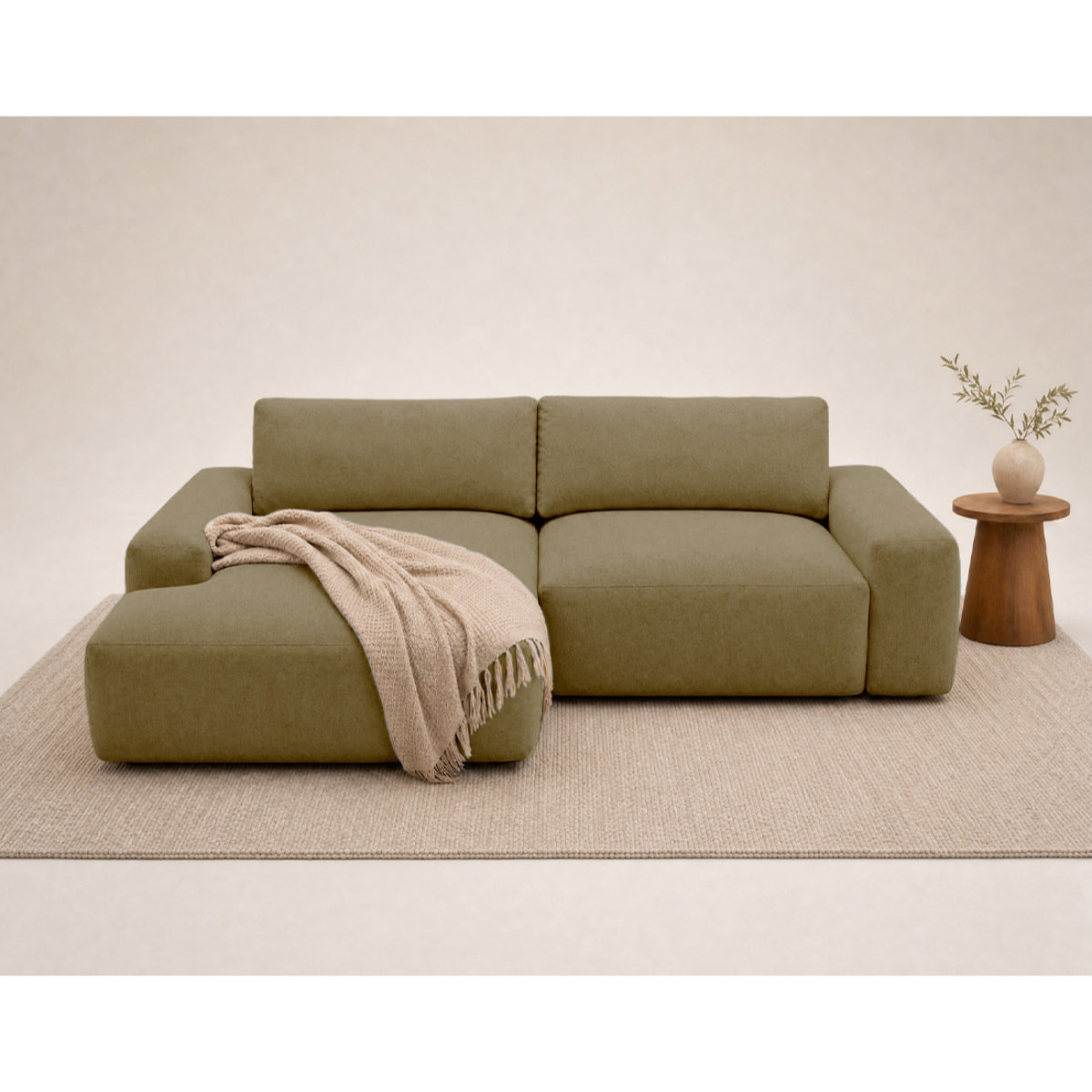Tama - Canapé d'angle gauche 4 places convertible avec coffre en tissu - Vert