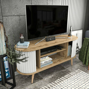 Mobile porta TV Desteve, Credenza da soggiorno, Armadio basso per TV, Base parete attrezzata, 140x43h64 cm, Quercia e Bianco